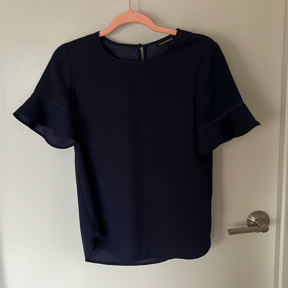 Club Monaco Ruffle Short Sleeve Navy Top